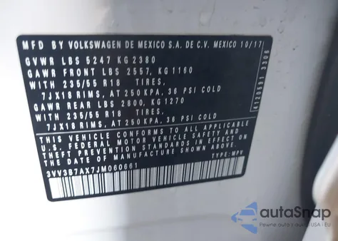2018 Volkswagen Tiguan 2.0T Se/2.0T Sel from USA, damaged, VIN 3VV3B7AX7JM060661
